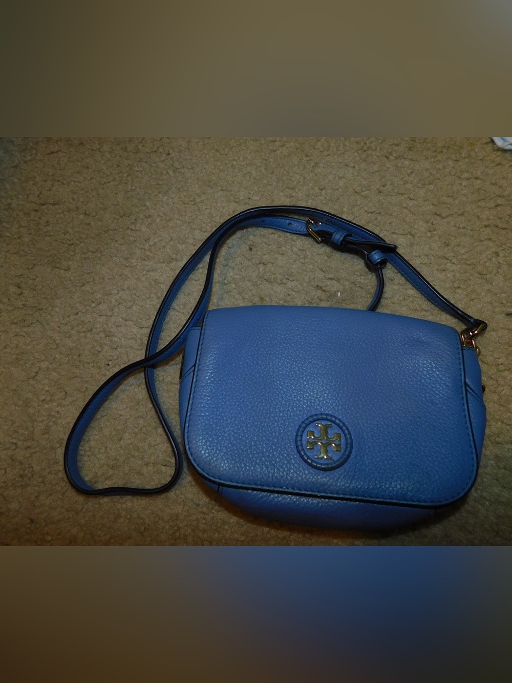 Tory Burch Cornflower Blue Pebbled Leather Crossbody with Logo Medallion